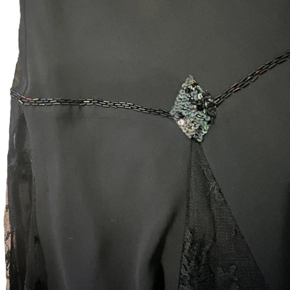 Unique Vintage Flapper Style Dress 2X Black Beaded Sleeveless Lace Sequins Jewel - Picture 12 of 14